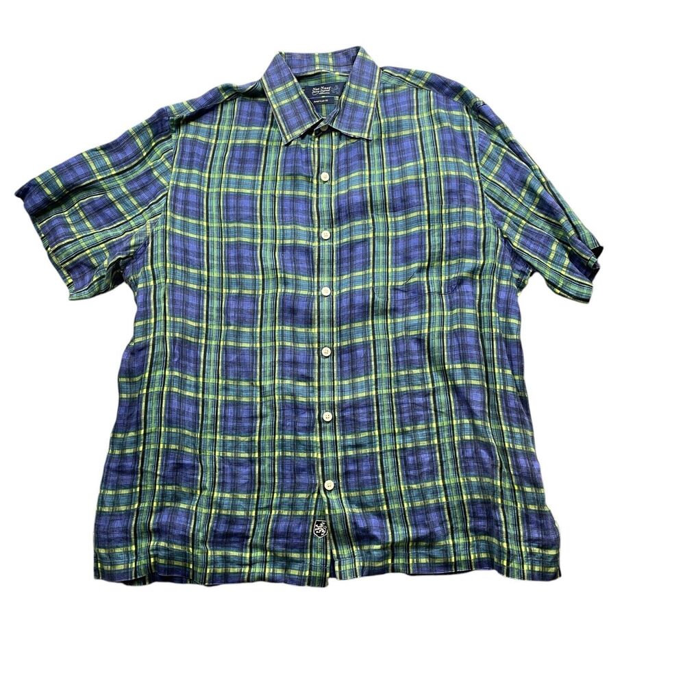 Nat Nast Large American Fit Plaid 100% Linen Short Sleeve Polyester